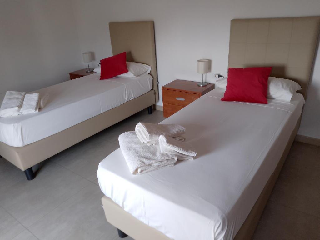 菲烏米奇諾的住宿－Vinci Residence，客房内的两张床和毛巾