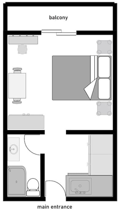 a floor plan of a bathroom and a bedroom at Sea View Studio at Xenios Avlais in Zakynthos Town