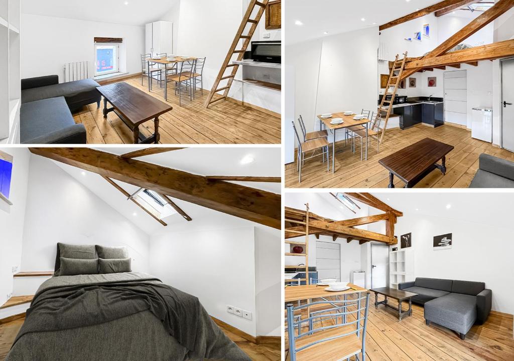 een collage van foto's van een slaapkamer en een woonkamer bij Séjour Romantique au Puy-en-Velay in Le Puy en Velay