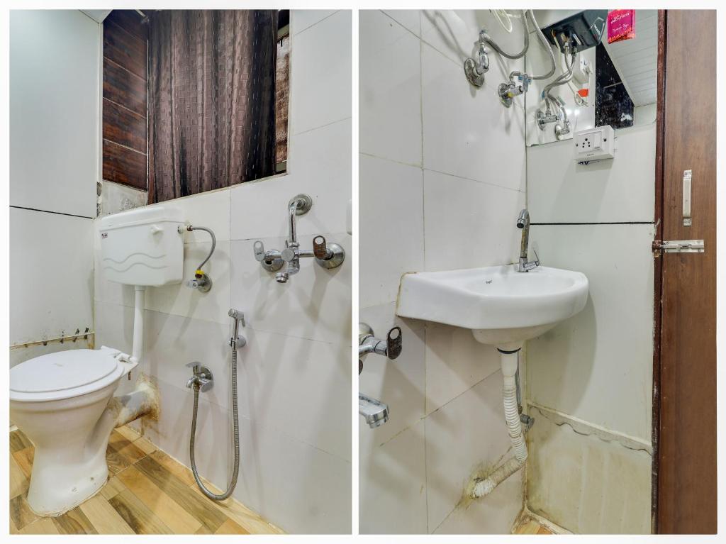 2 zdjęcia łazienki z toaletą i umywalką w obiekcie Super OYO Flagship Hotel Diamond w Bombaju