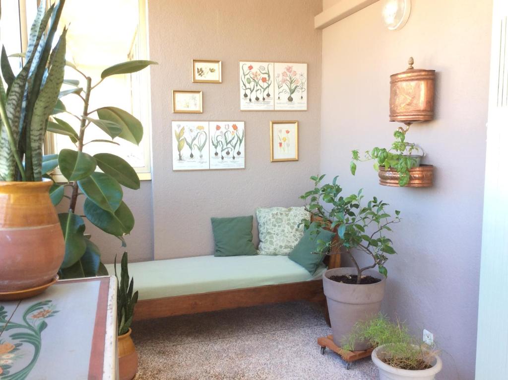 un canapé dans une pièce avec des plantes en pot dans l'établissement Spacieux 2 pièces, au Cannet
