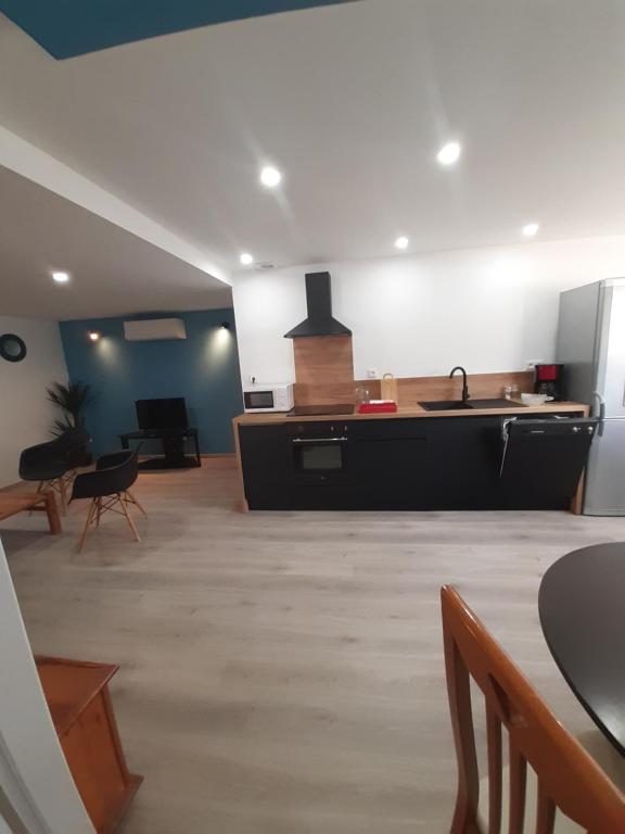 duży salon ze zlewem i kuchnią w obiekcie Appartement 50m2 rez de chaussée en plein centre ville garage gratuit w mieście Valras-Plage