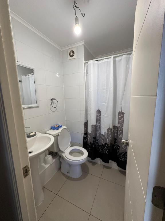 a white bathroom with a toilet and a sink at Condominio Parque Del Volcán in Pucón