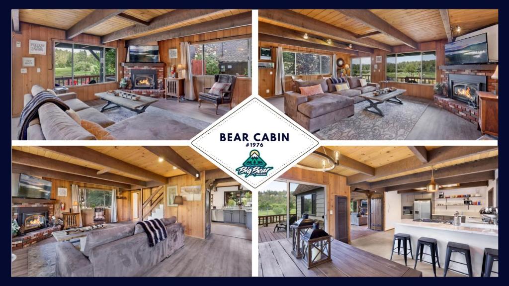 eine Collage mit Bildern eines Wohnzimmers und einer Küche in der Unterkunft 1976-Bear Cabin home in Big Bear Lake