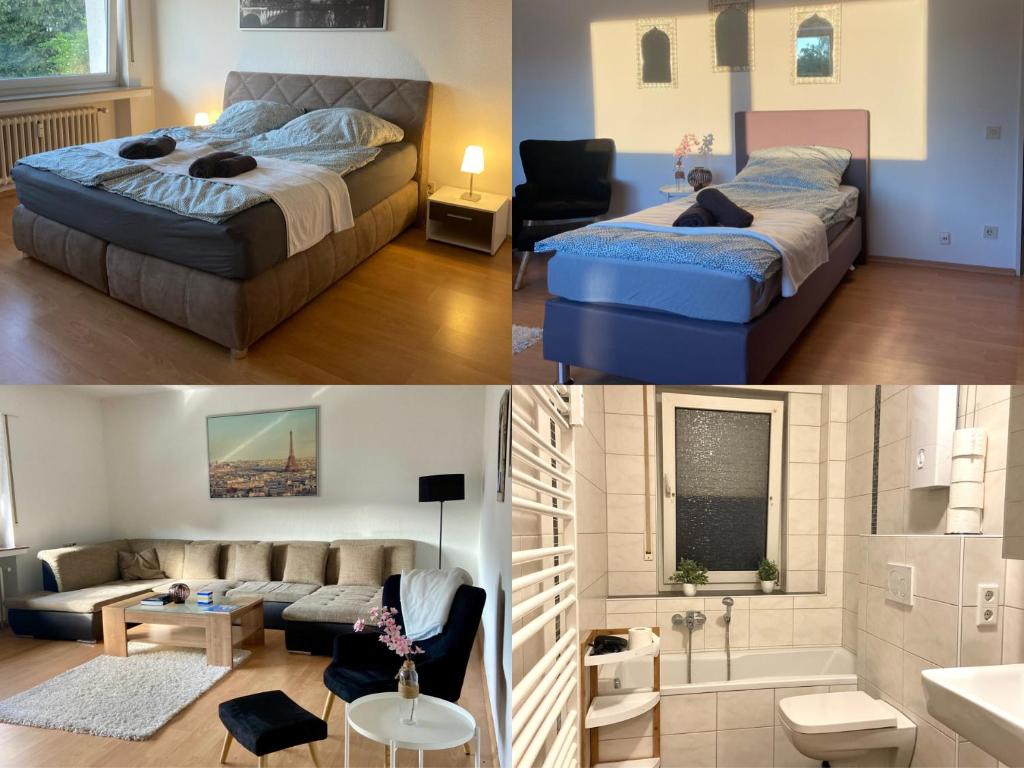 duas fotografias de um quarto e uma sala de estar em TOP Apartment für bis zu 4 Personen em Bad Oeynhausen