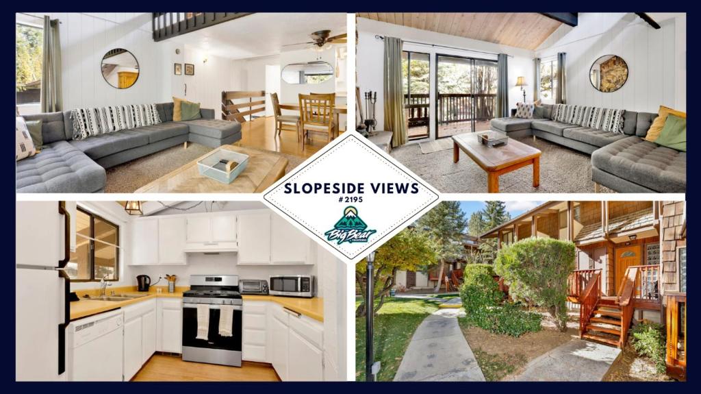 uma colagem de três imagens de uma casa em 2195-Slopeside Views Chalet home em Big Bear Lake