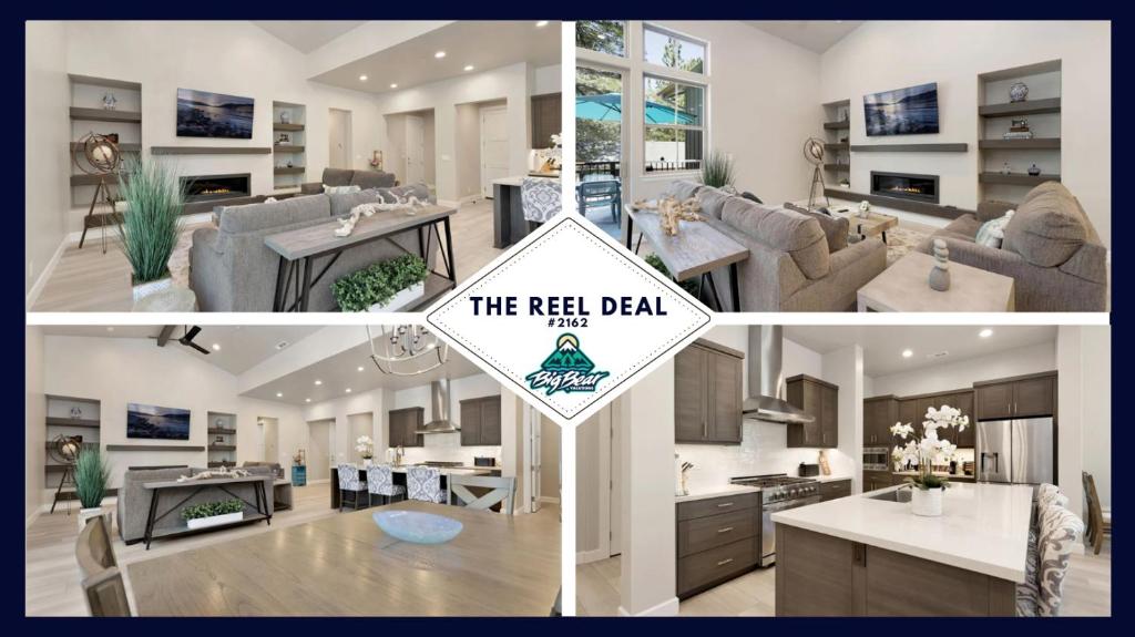 un collage de quatre photos d'une cuisine et d'un salon dans l'établissement 2162-The Reel Deal home, à Big Bear Lake