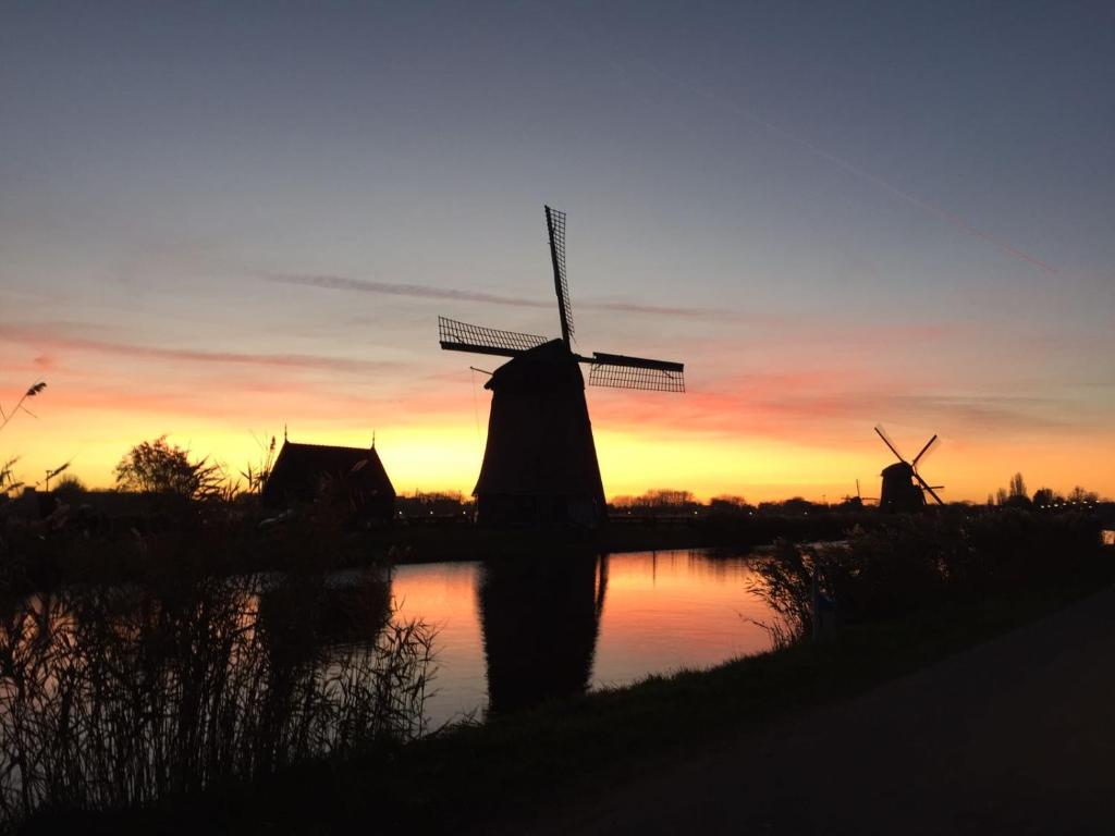 a sunset with two windmills in a field at Villa View in Alkmaar