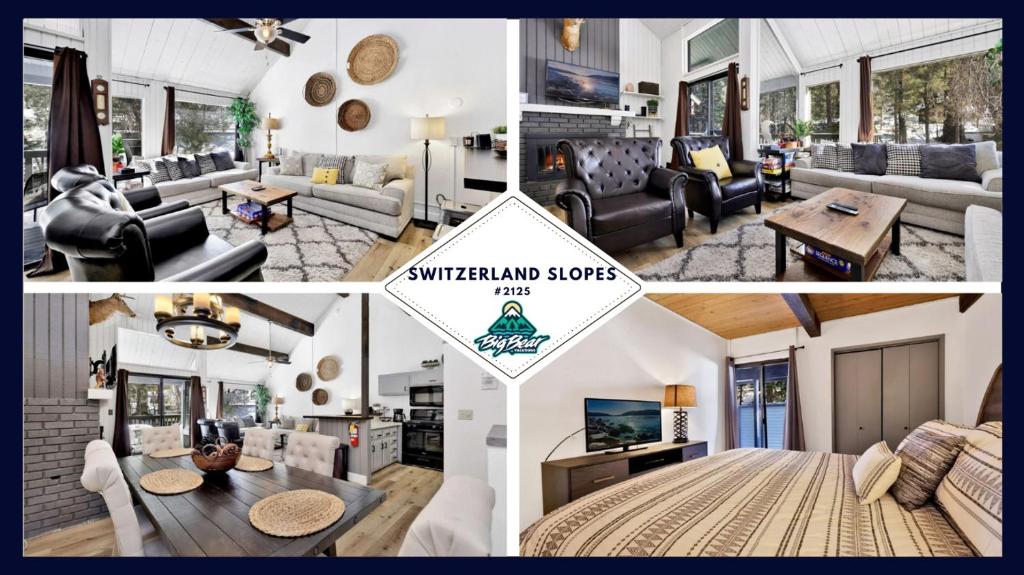 uma colagem de quatro fotografias de uma sala de estar em 2125-Switzerland Slopes townhouse em Big Bear Lake