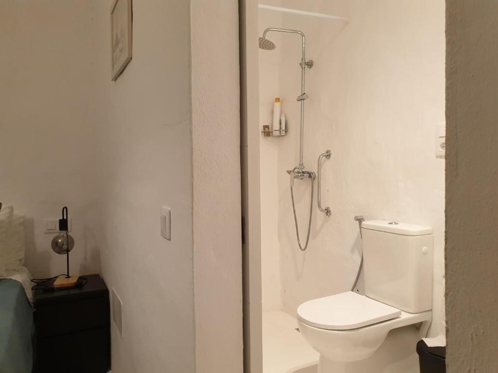a white bathroom with a toilet and a shower at Love story in Mala