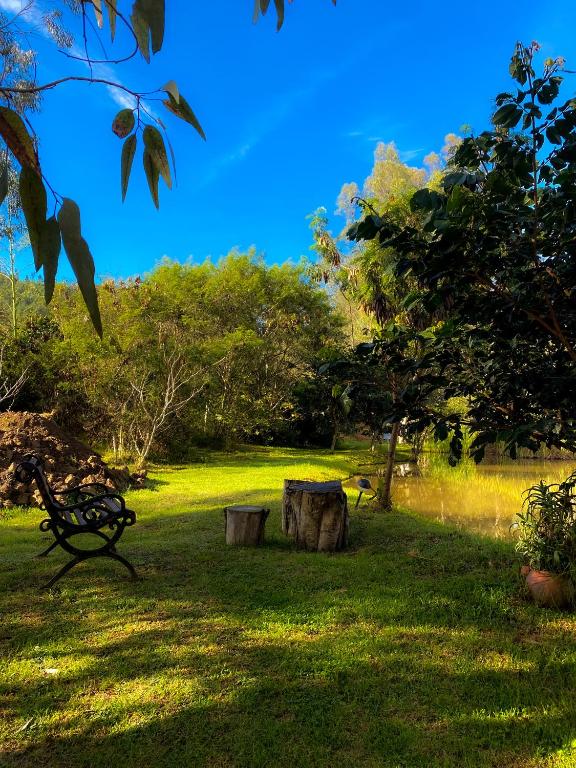 a park with a bench and a tree stump at "Suite Cabaña Cantodeagua - Jacuzzi -Refugio en Reserva Natural Urbana - Villa de Leyva" in Villa de Leyva