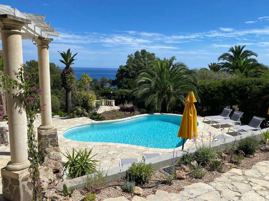 - une piscine avec des chaises et un parasol et l'océan dans l'établissement VILLA 4 Étoiles , Lou Mistralou , Mer à 400 metres, été du Dimanche au Dimanche, à Saint-Peïre-sur-Mer