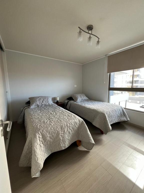 een slaapkamer met 2 bedden en een raam bij Edif Roble in Antofagasta