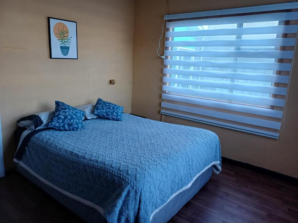 um quarto com uma cama com um edredão azul e uma janela em Casa Celeste em Punta Arenas