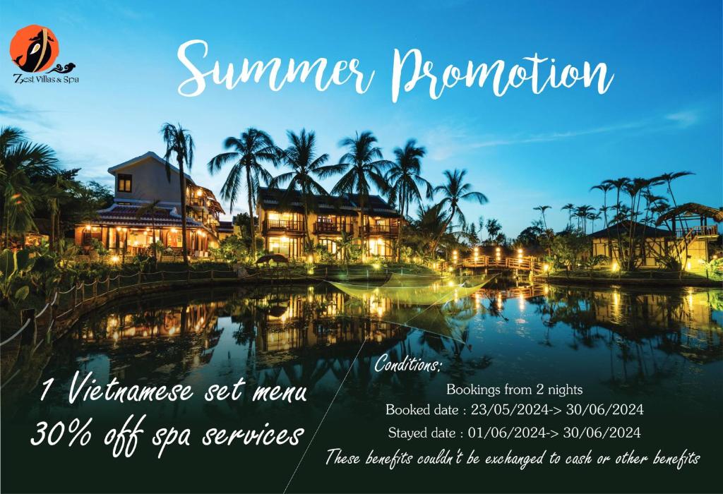 un folleto para un complejo con piscina y palmeras en Zest Resort & Spa Hoi An en Hoi An