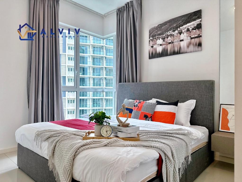 a bedroom with a bed and a large window at NEW! The Shore Residences 3BR Luxury I Direct access to Shopping I 6-10pax I 10minsJonker in Malacca