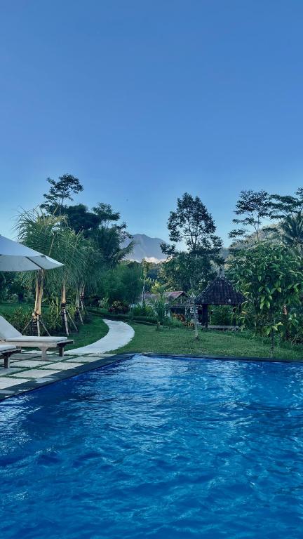 a swimming pool with a path next to a resort at Papahan Bali in Sidemen