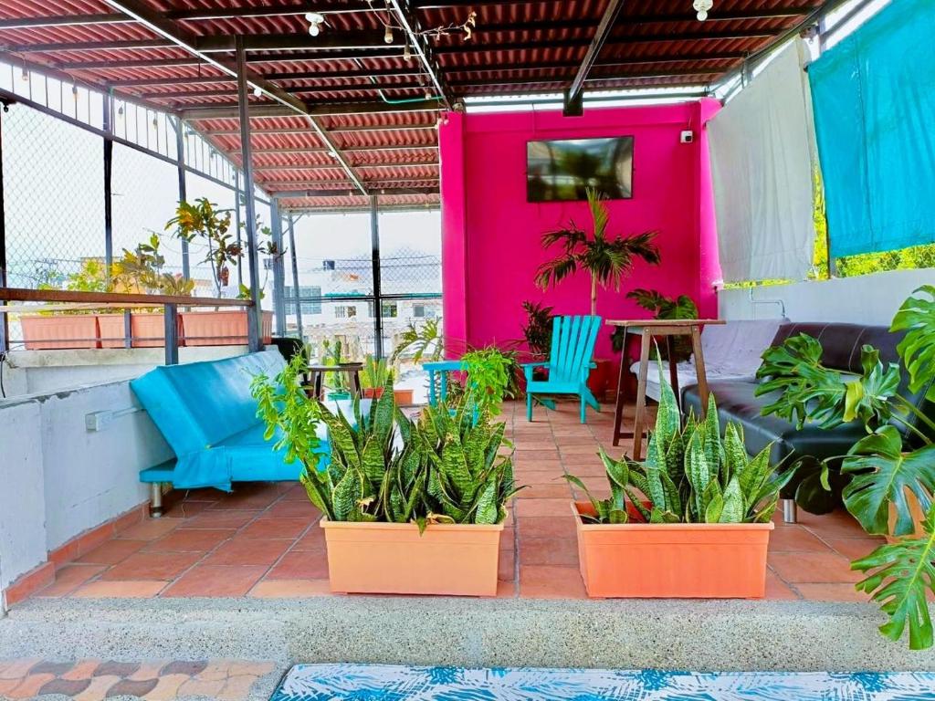 APARTAHOTEL BACANO LOFT في سانتا مارتا: فناء مع طاولة وكراسي والنباتات
