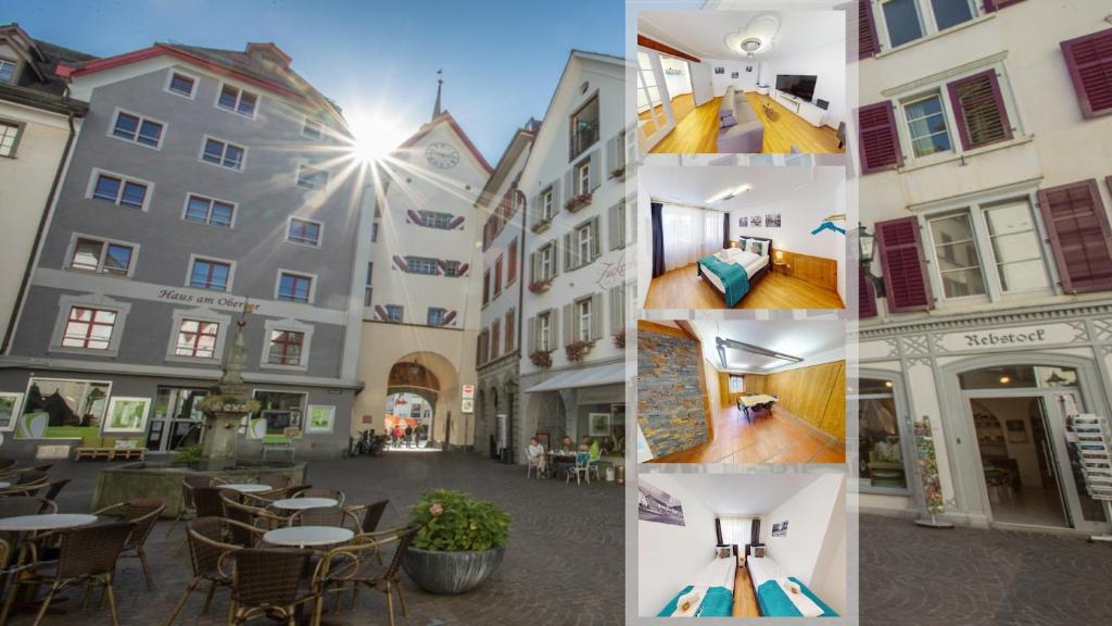 un collage de photos d'une rue avec des bâtiments dans l'établissement Zentrale 5,5 Zimmer Wohnung für bis zu 8 Personen, à Coire