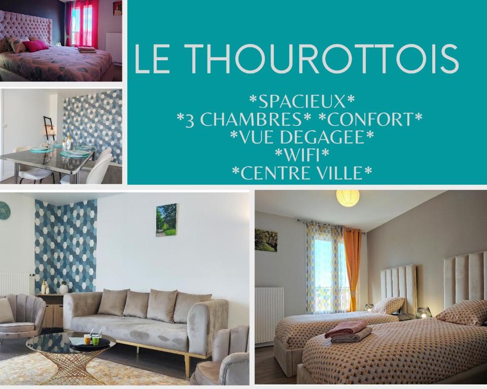 a collage of pictures of a living room and a bedroom at Le Thourottois*Centre ville*Wifi*Spacieux*Confort* Saint-Gobain in Thourotte