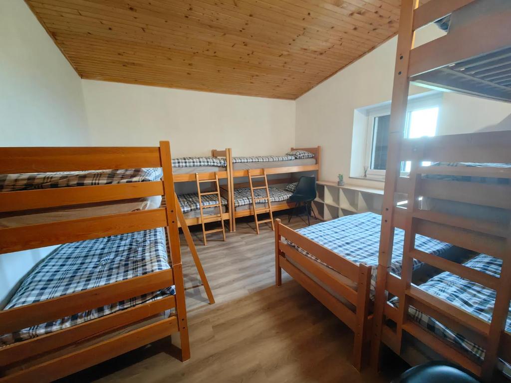 a dorm room with four bunk beds and a window at Tumova koča na Slavniku in Podgorje