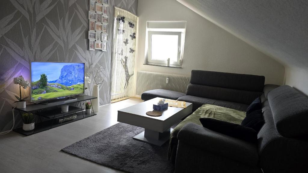 a living room with a couch and a flat screen tv at sunny City Apartment in Villingen-Schwenningen