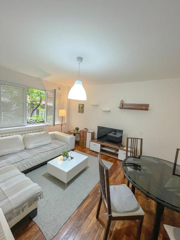 ein Wohnzimmer mit Sofa und Tisch in der Unterkunft Slavija McD apartment in Belgrad