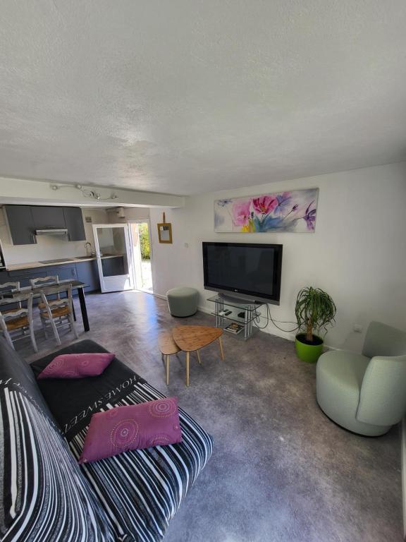 ein Wohnzimmer mit einem Sofa und einem Flachbild-TV in der Unterkunft Jolie T2 indépendant dans une villa in Solliès-Ville