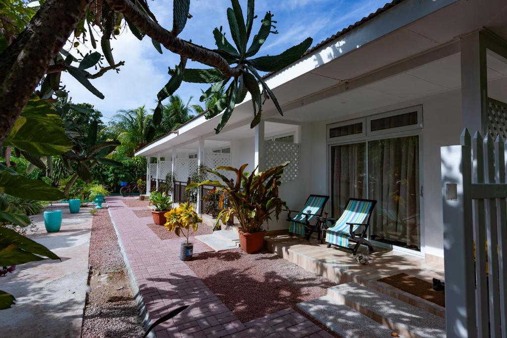 拉迪格島的住宿－馬斯頓度假屋，一座带椅子和植物的庭院
