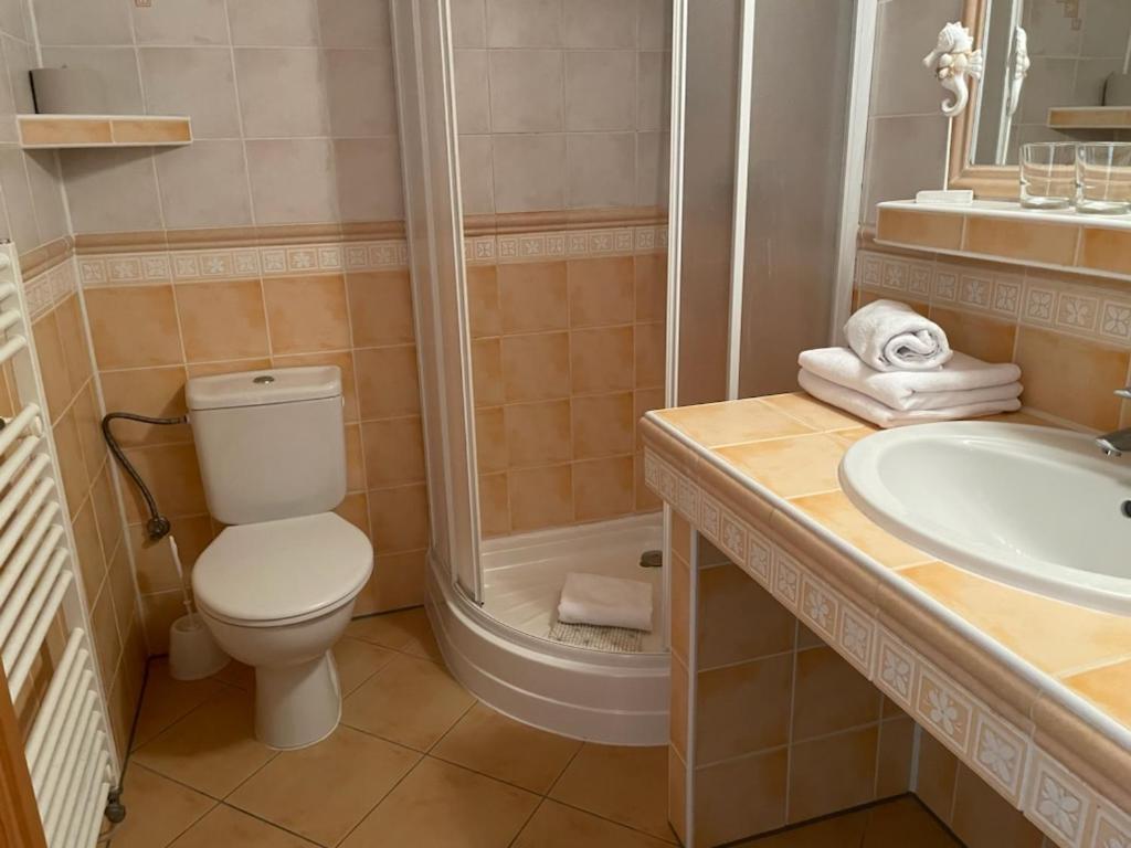 y baño con aseo, lavabo y ducha. en Vila Marko, en Nová Lesná