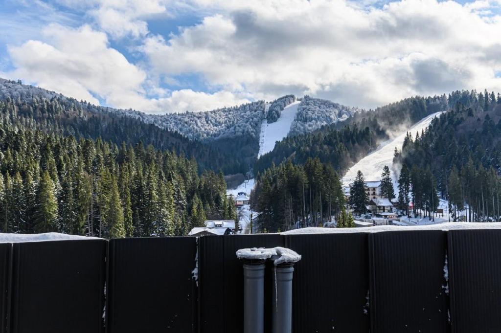 a view of a snow covered mountain from a fence at AYASI Luxury Apartment Predeal in Predeal