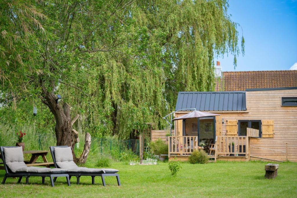 a house with a tree and two chairs in the yard at Tiny house au cœur du marais in Saint-Omer