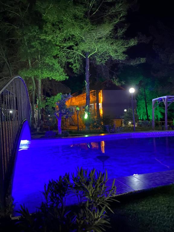 a swimming pool at night with a train in the background at GÖKBÜK SERENİTY HOTEL in Belbaşı