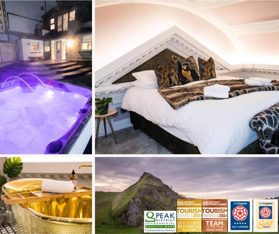 een collage van foto's van een hotel met een bed en een bad bij Foxlow Grange By Muse Escapes in Buxton