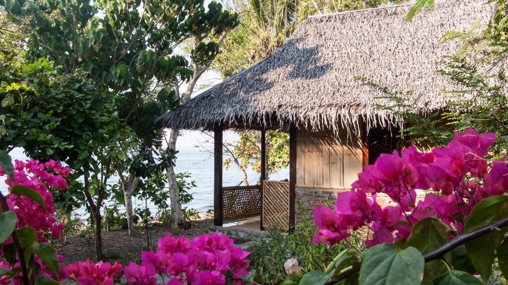 una pequeña cabaña con flores rosas delante en Sunset Cottages, en Hitokalak