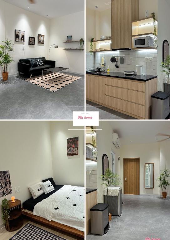 a collage of photos of a kitchen and a living room at Hạ Home Huế - Căn hộ riêng tư trung tâm 2 phòng ngủ in Hue