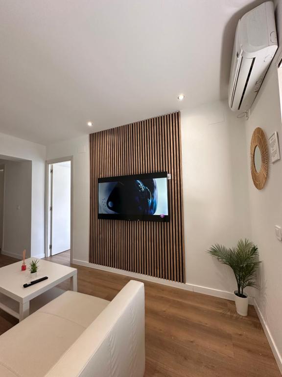 Claveles de Luxe في مالقة: غرفة معيشة مع تلفزيون على الحائط