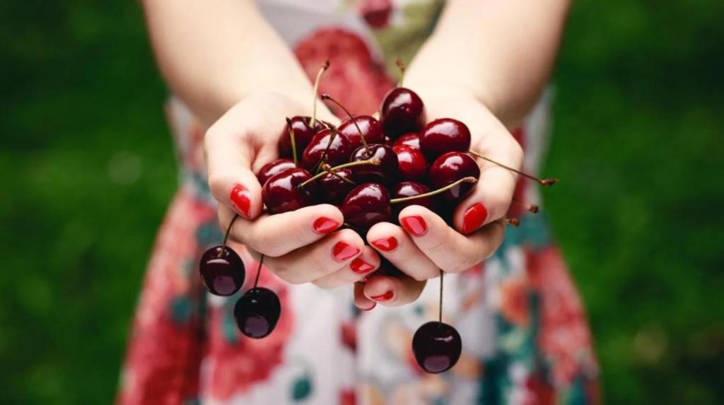 a girl holding a bunch of cherries in her hands at Despierta tus sentidos en el Valle del Ambroz CASA RURAL ARBEQUINA in Casas del Monte