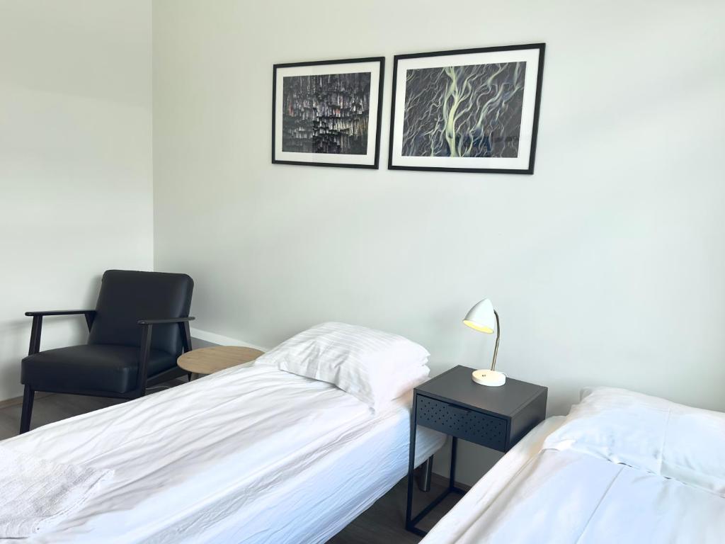 - une chambre avec deux lits et une chaise dans l'établissement Guesthouse Pavi, à Reykjavik