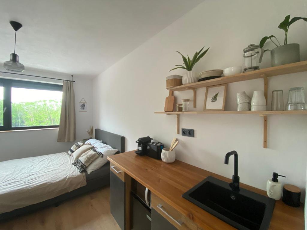 a kitchen with a sink and a bed in a room at Studio Arnoštka in Vimperk