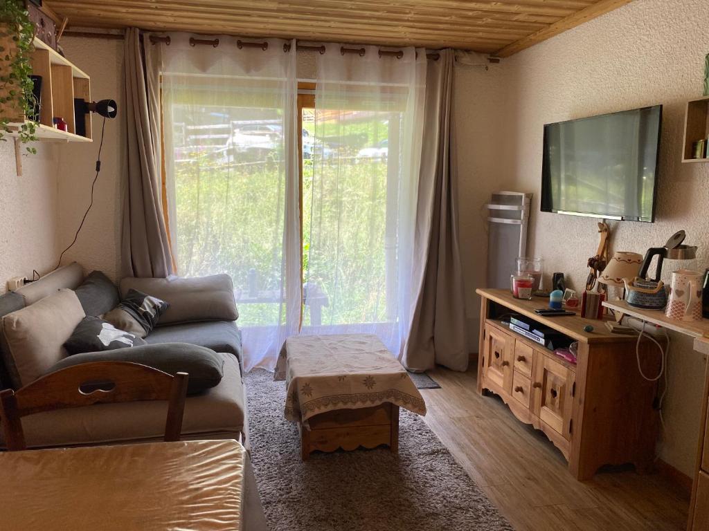 un salon avec un canapé et une télévision dans l'établissement Appartement rez de jardin au pied des pistes, à Les Allues