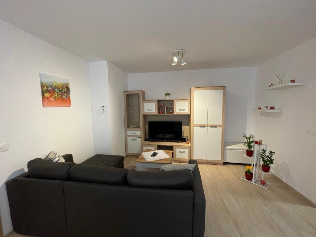 a living room with a black couch in a room at Apartma Kiki in Koper
