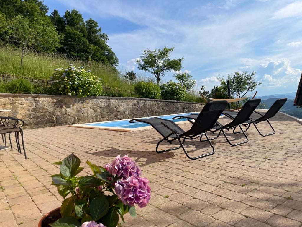 two chairs sitting in front of a swimming pool at House Donačka Gora in Rogatec