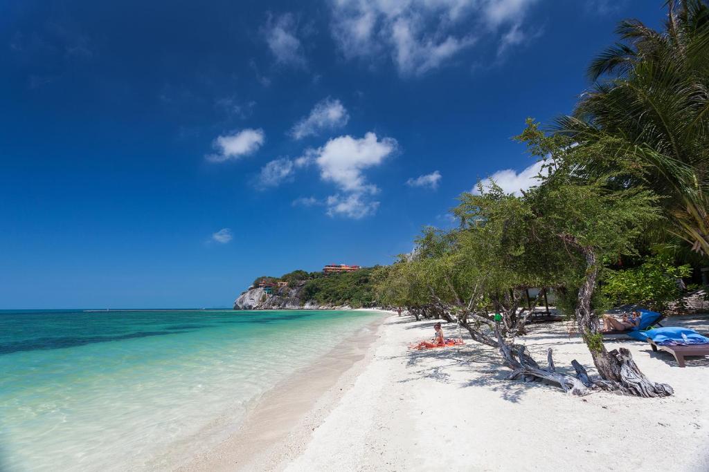 a sandy beach with palm trees and the ocean at Sarikantang Resort & Spa, Koh Phangan in Haad Rin