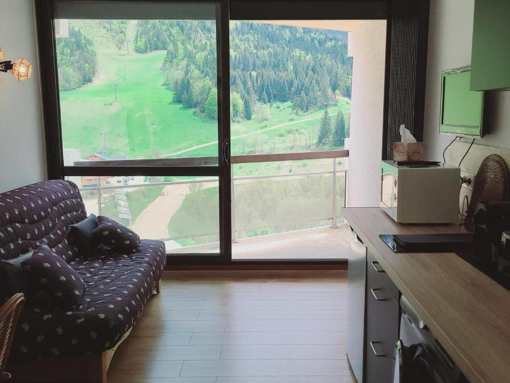 Cette chambre dispose d'un canapé et d'une grande fenêtre. dans l'établissement Studio 2 Personnes au Pied des Pistes avec Balcon - Villard-de-Lans - FR-1-689-134, à Villard-de-Lans
