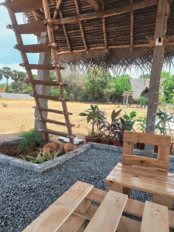 a patio with a bench and a table and a hut at Cosmorama in Auroville