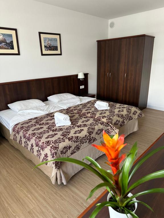 コウォブジェクにあるApartament 56 m2 Arka Medical Spaのベッドと植物のあるホテルルーム