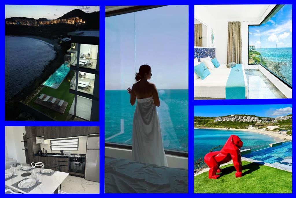 een collage van foto's van een vrouw in een hotel bij condostmaarten by the sea in Koolbaai