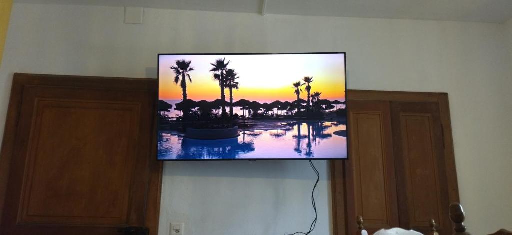 a flat screen tv hanging on a wall with palm trees at Cò d'Franz - PT in Ponto Valentino