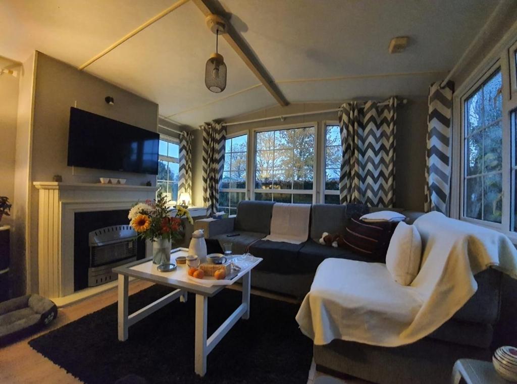 a living room with a couch and a fireplace at MH126 Charmant mobilhome campagne des Yvelines in Saint-Illiers-la-Ville
